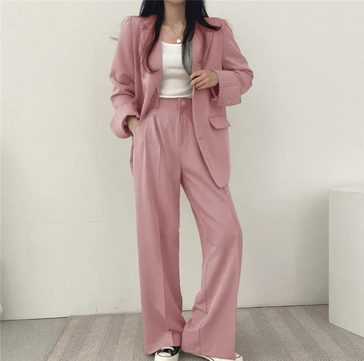 Lapel Collar Blazer and Straight Trousers Set for Women