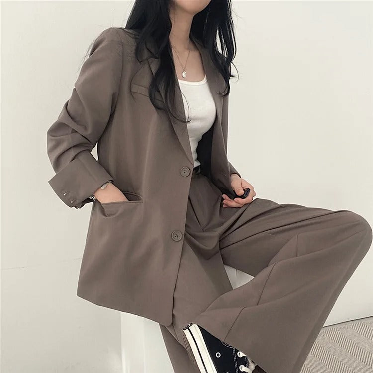 Lapel Collar Blazer and Straight Trousers Set for Women