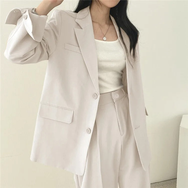 Lapel Collar Blazer and Straight Trousers Set for Women