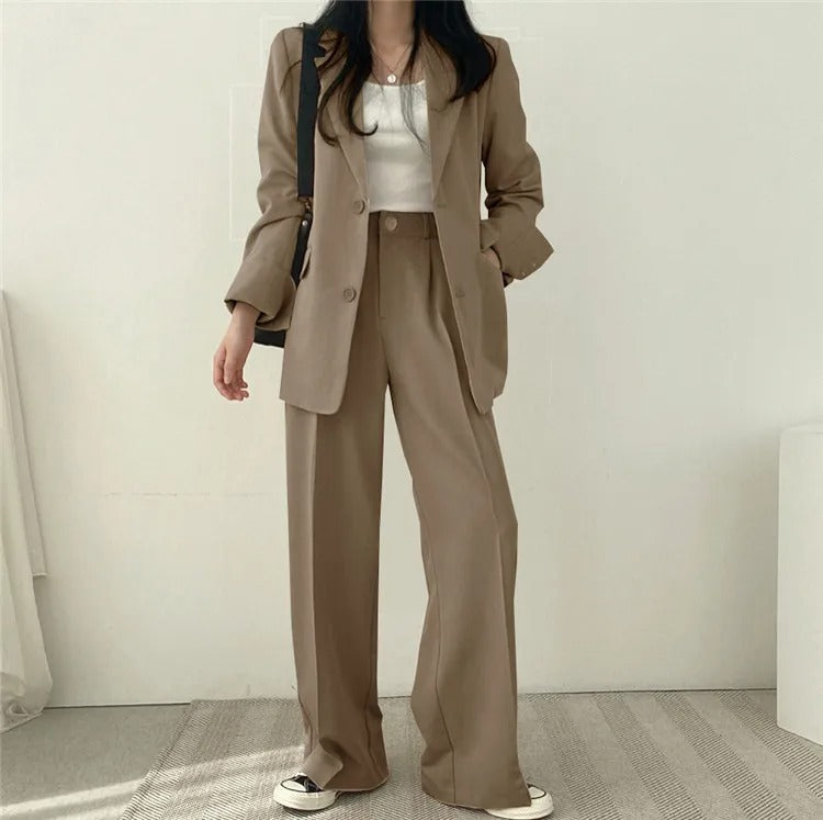 Lapel Collar Blazer and Straight Trousers Set for Women