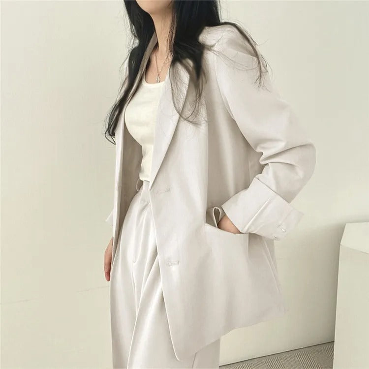 Lapel Collar Blazer and Straight Trousers Set for Women