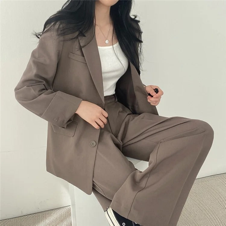 Lapel Collar Blazer and Straight Trousers Set for Women