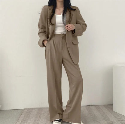 Lapel Collar Blazer and Straight Trousers Set for Women