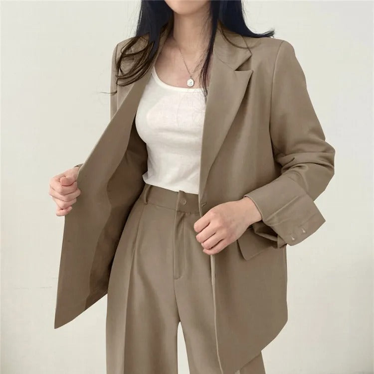 Lapel Collar Blazer and Straight Trousers Set for Women