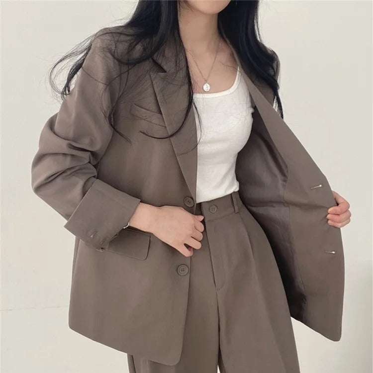 Lapel Collar Blazer and Straight Trousers Set for Women