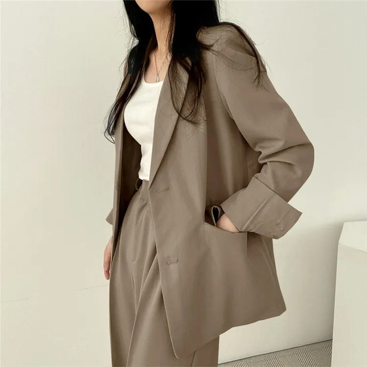 Lapel Collar Blazer and Straight Trousers Set for Women