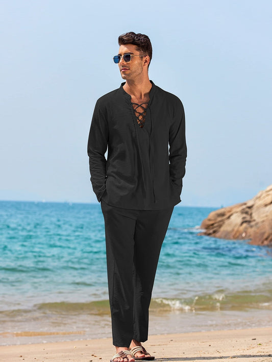 Lace Shirt and Straight Trousers Set for Men