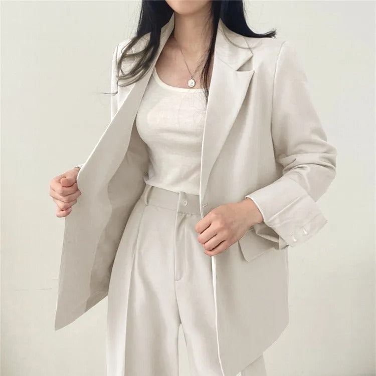 Lapel Collar Blazer and Straight Trousers Set for Women