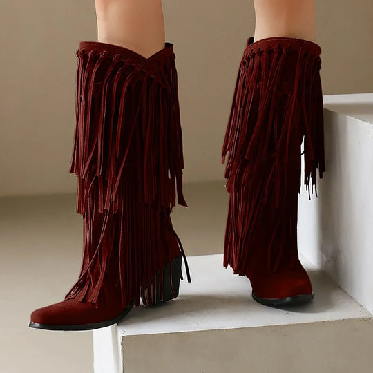 Alice | Women’s Fringe Knee-High Boots Western Style 7