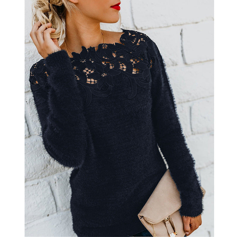 Chic Women's Sweater with Floral Lace Detail – Soft Knit Cozy Top for Winter, Available in Multiple Sizes 3