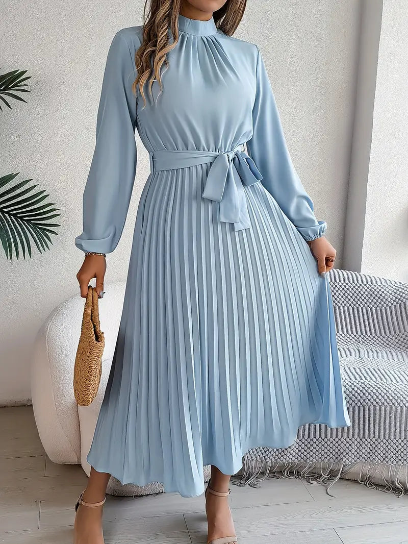 Jasmine | Women’s Long Sleeve Pleated Belted Dress 0