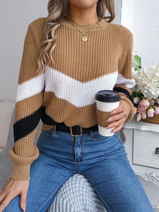 Women's Turtleneck Sweater in Chevron Color Block Design – Cozy Winter Knit, Relaxed Fit, Soft Material 0
