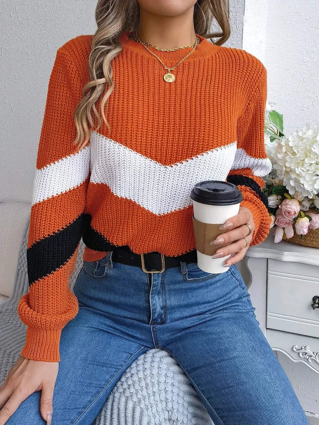 Women's Turtleneck Sweater in Chevron Color Block Design – Cozy Winter Knit, Relaxed Fit, Soft Material 5