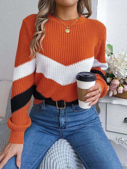 Women's Turtleneck Sweater in Chevron Color Block Design – Cozy Winter Knit, Relaxed Fit, Soft Material 5