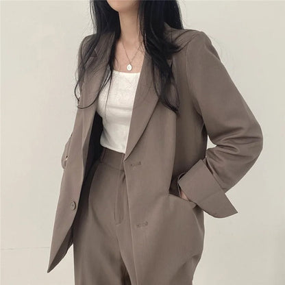 Lapel Collar Blazer and Straight Trousers Set for Women