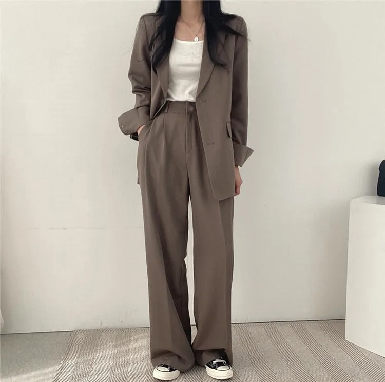 Lapel Collar Blazer and Straight Trousers Set for Women