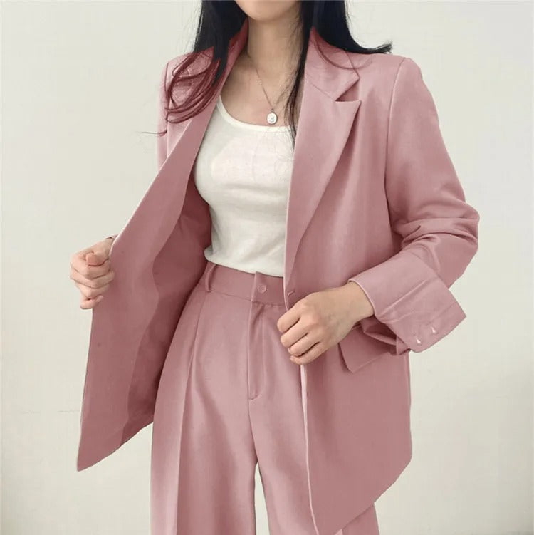 Lapel Collar Blazer and Straight Trousers Set for Women