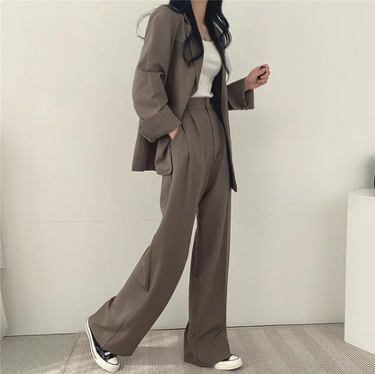 Lapel Collar Blazer and Straight Trousers Set for Women