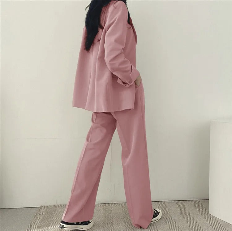 Lapel Collar Blazer and Straight Trousers Set for Women