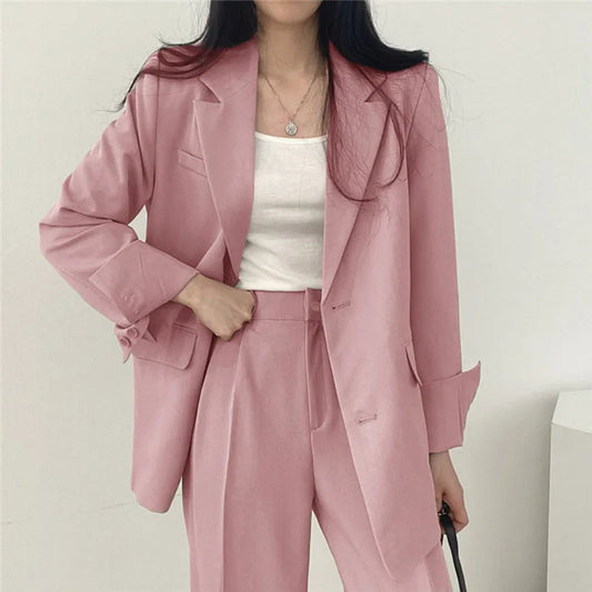 Lapel Collar Blazer and Straight Trousers Set for Women