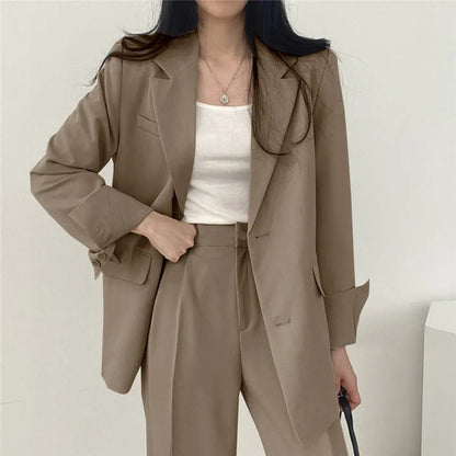 Lapel Collar Blazer and Straight Trousers Set for Women