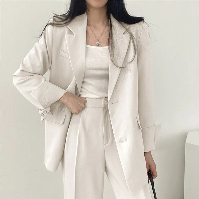 Lapel Collar Blazer and Straight Trousers Set for Women