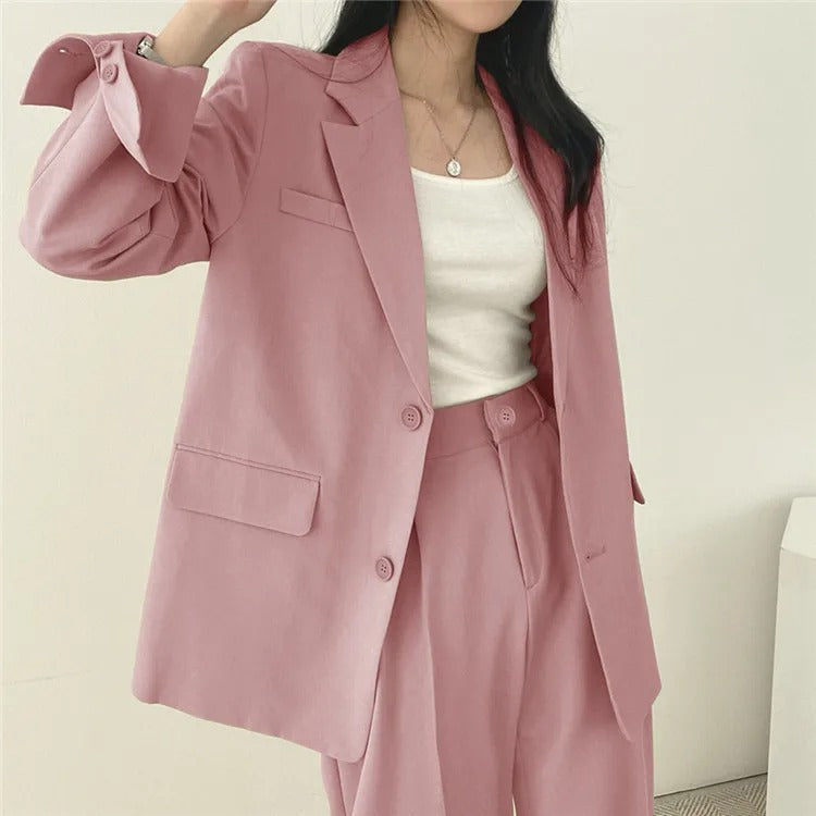 Lapel Collar Blazer and Straight Trousers Set for Women