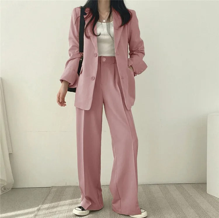 Lapel Collar Blazer and Straight Trousers Set for Women